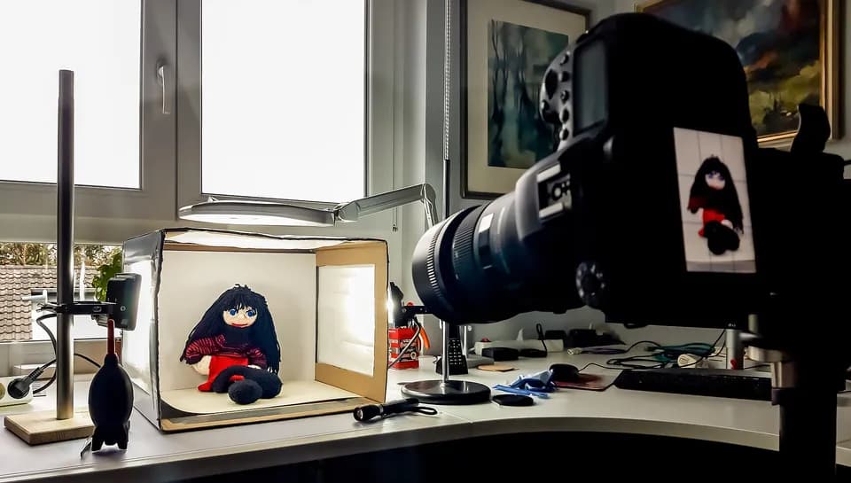 Вязаная кукла в самодельном лайтбоксе с белым фоном, рядом лампа и фотоаппарат на штативе