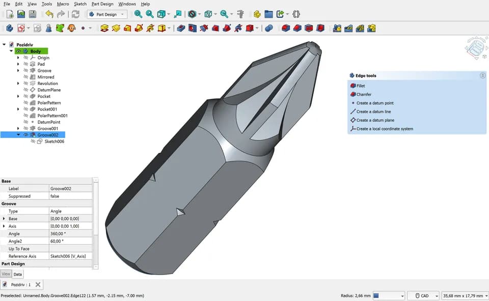 Окно FreeCAD 1.0 с моделью биты Pozidriv в верстаке Part Design и деревом построения