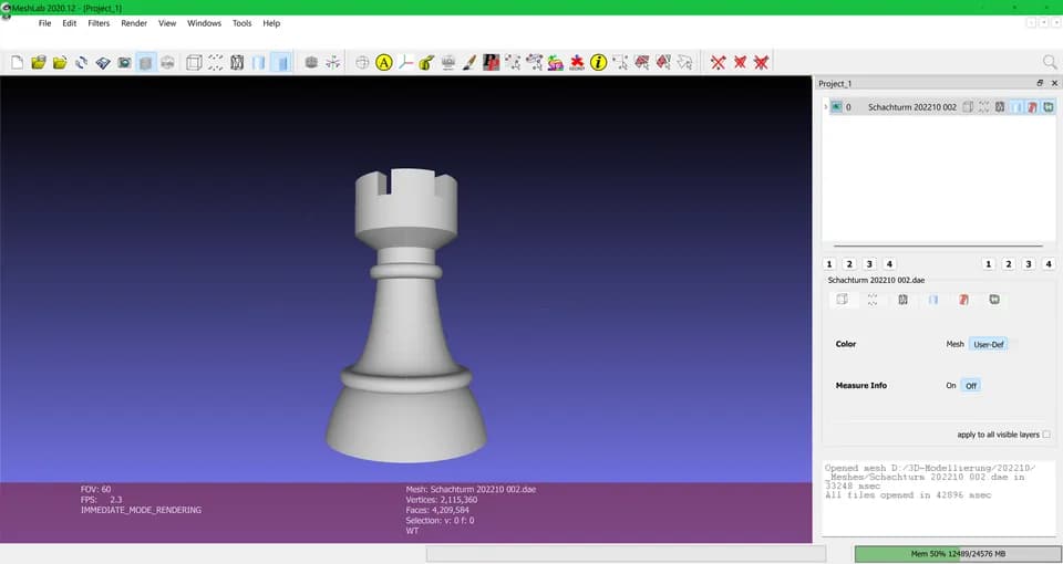 Окно программы MeshLab с полигональной моделью шахматной фигуры, разбитой на треугольники