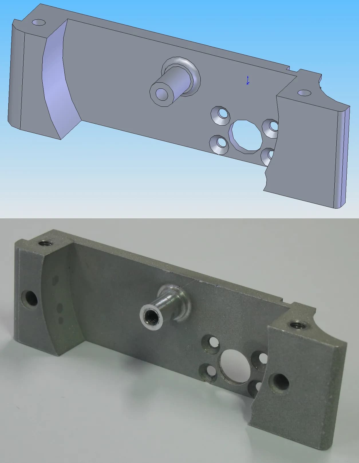 Сверху 3D-модель детали в CAD, снизу та же деталь, выфрезерованная из алюминия