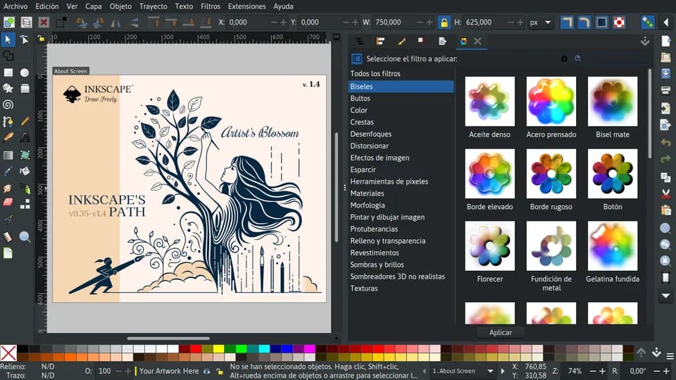 Окно векторного редактора Inkscape 1.4 с панелями инструментов и холстом