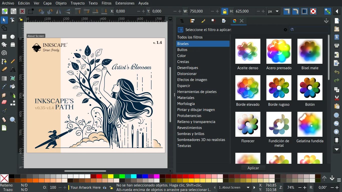 Окно векторного редактора Inkscape 1.4 с панелями инструментов и холстом