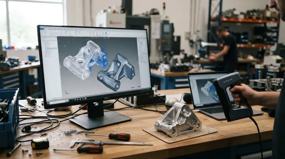 Монитор с 3D-моделью детали, рядом сама деталь и ручной 3D-сканер