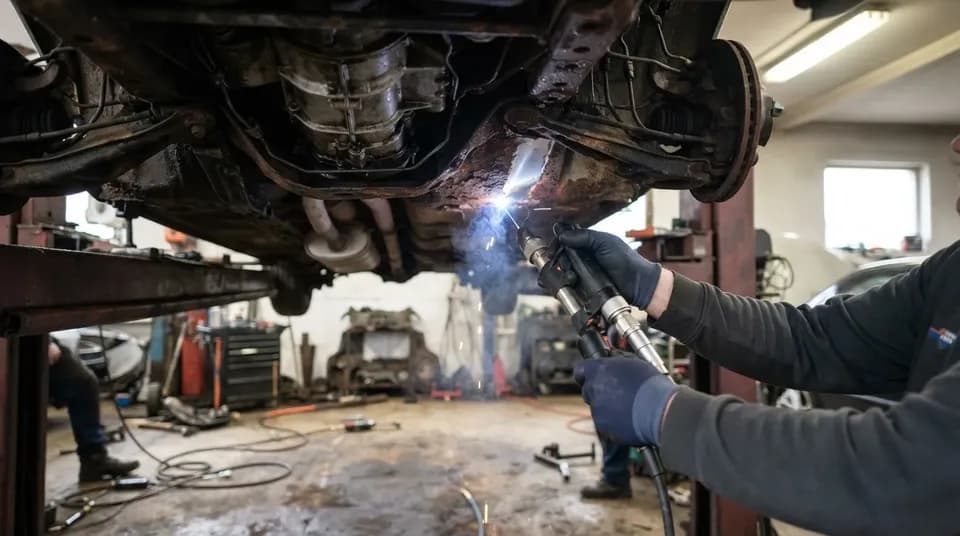 Ручной лазерный очиститель снимает ржавчину с днища автомобиля на подъёмнике