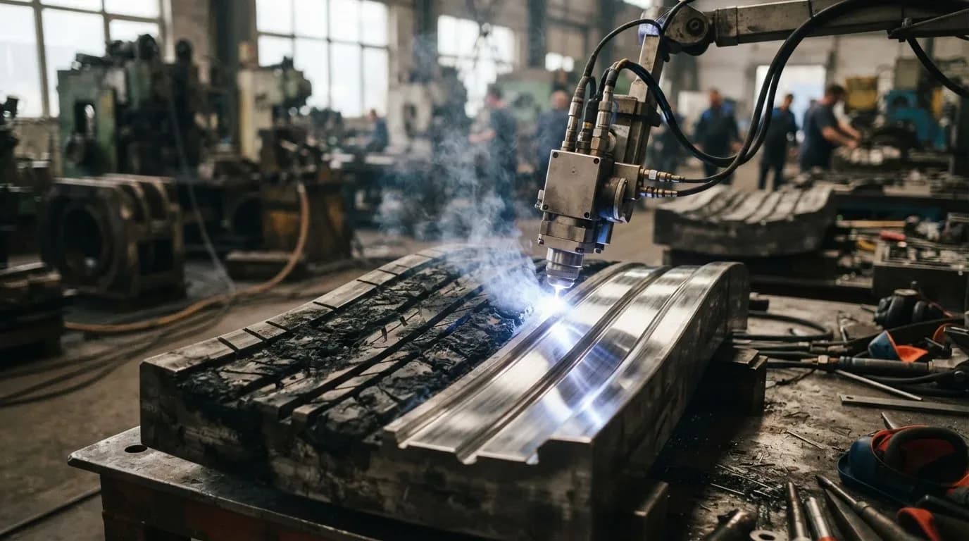 Лазерная головка очищает сегмент пресс-формы для шин от налипшей резины