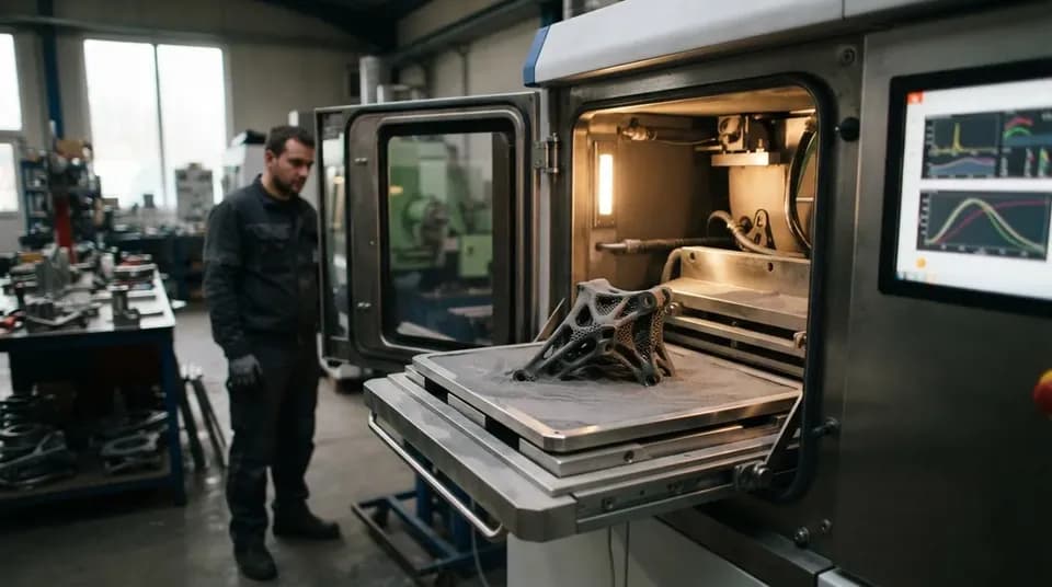 Промышленный 3D-принтер по металлу с открытой камерой и напечатанной деталью