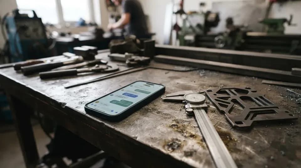 Смартфон с мессенджером на верстаке рядом со штангенциркулем и стальной деталью