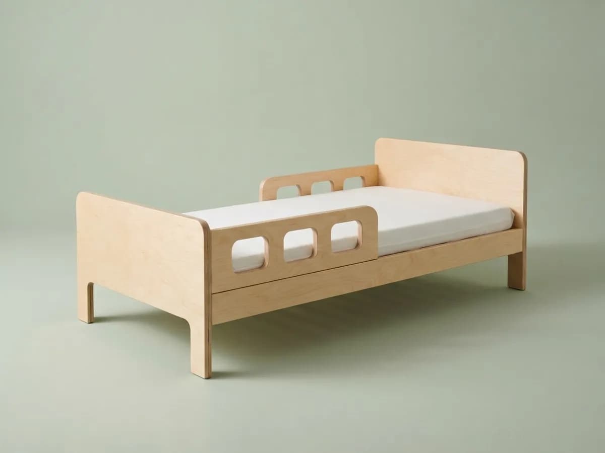 Детская кровать из берёзовой фанеры с ажурными бортиками, высокими изголовьем и изножьем и белым матрасом