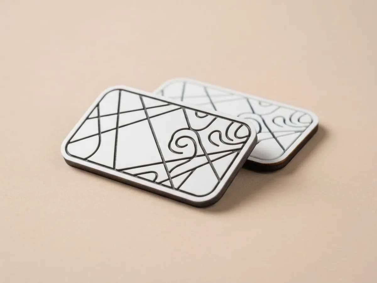 Два белых акриловых бейджа со скруглёнными углами и гравированным абстрактным узором