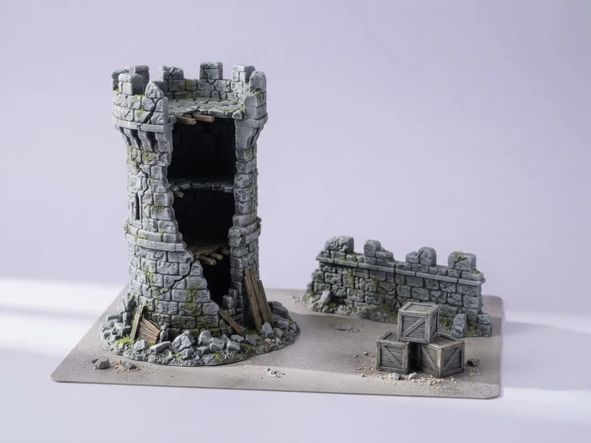 Напечатанный терраин для настольных игр: разрушенная каменная башня, участок стены и ящики на подставке